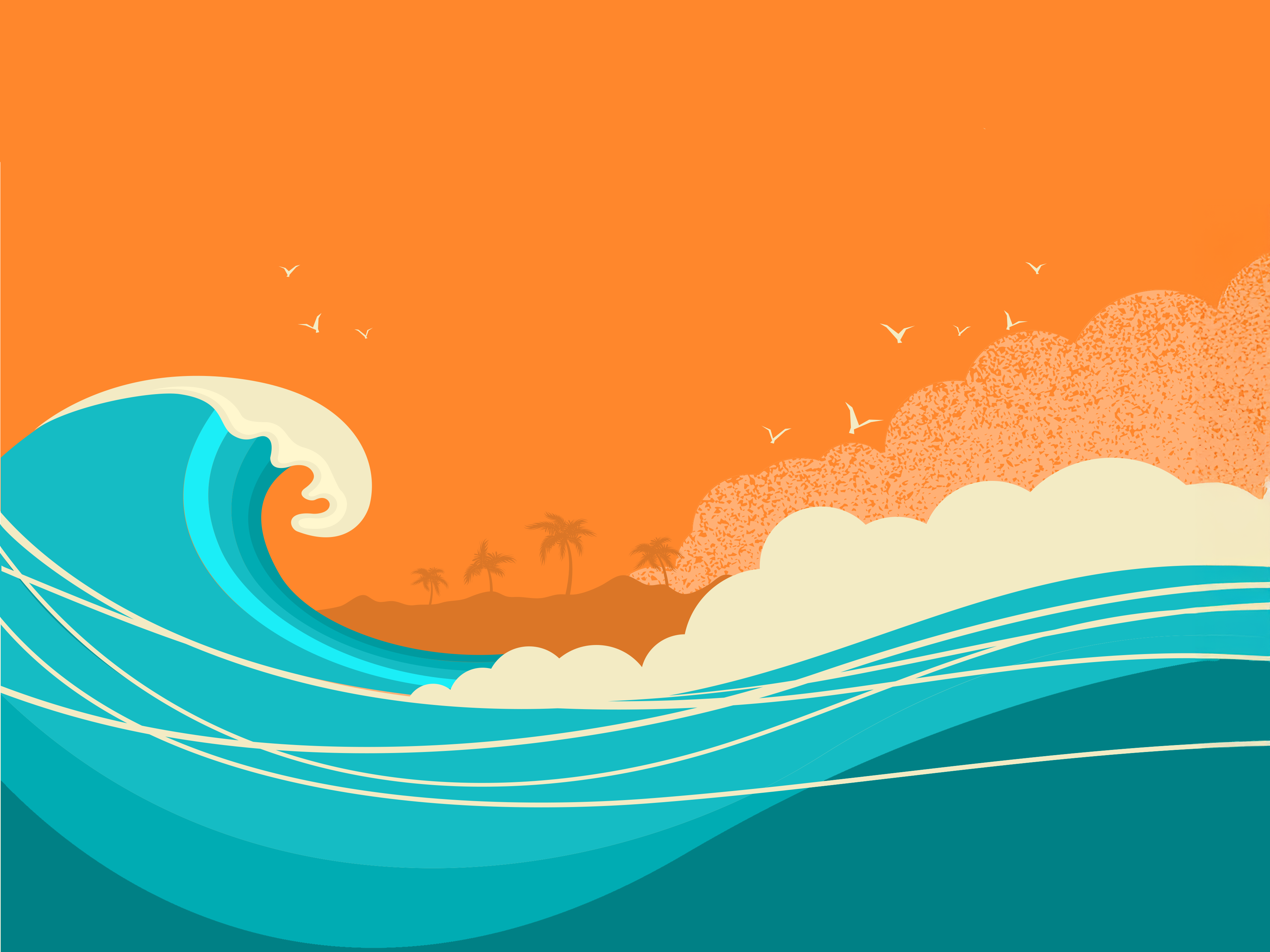 Illustration of ocean waves and birds with an orange sky